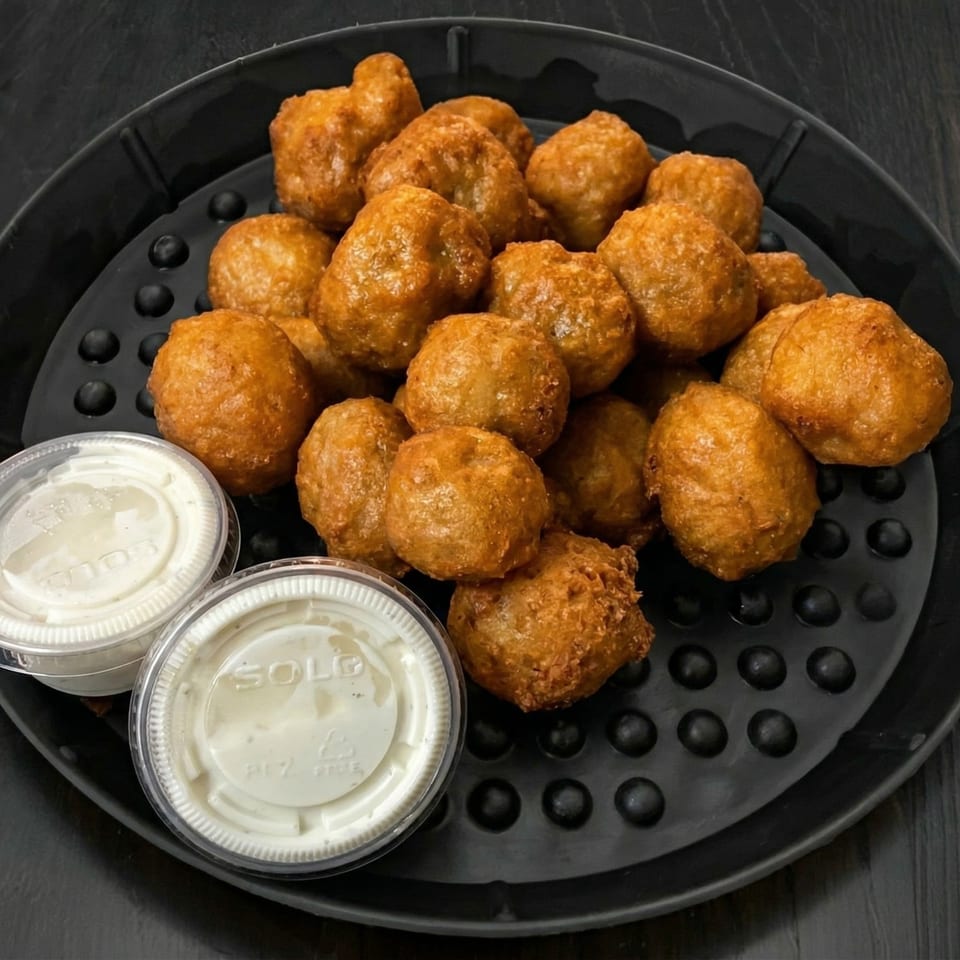 Golden-brown fried hushpuppies on a black tray with two small cups of dipping sauce.