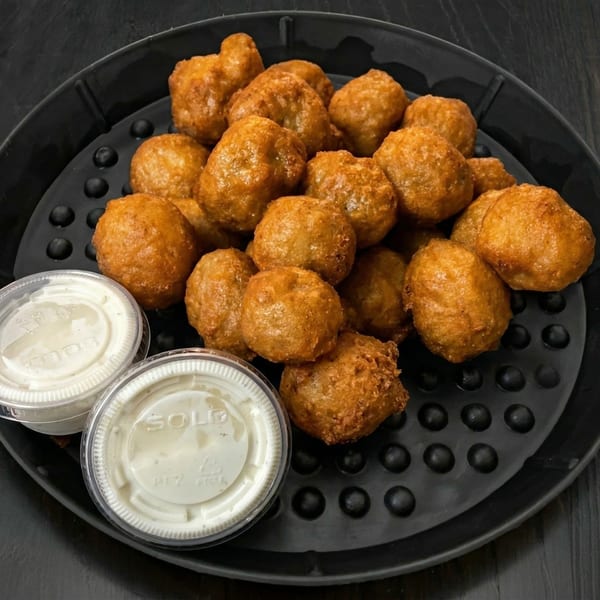 Golden-brown fried hushpuppies or fritters on a black tray, with two small cups of dipping sauce.