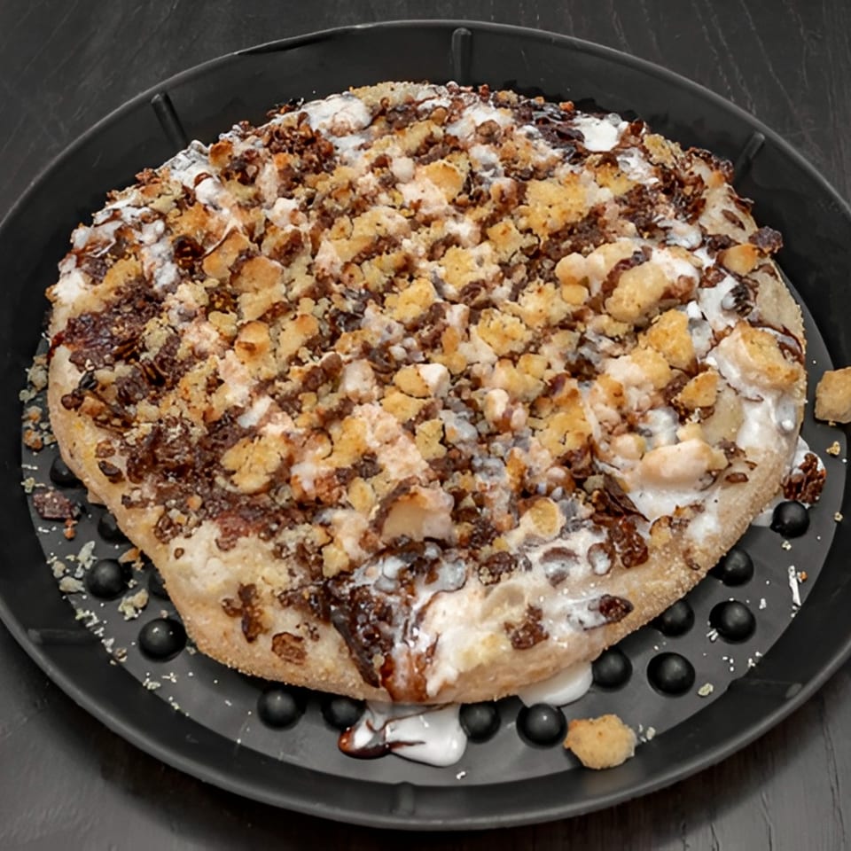 Dessert pizza with white icing, chocolate drizzle, and crumble topping on a black pan.