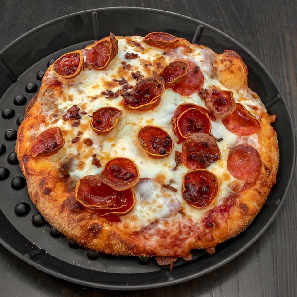 A freshly baked pepperoni and sausage pizza with melted cheese on a dark metal pan.